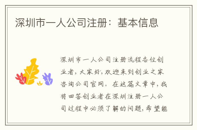 深圳市一人公司注冊(cè)：基本信息