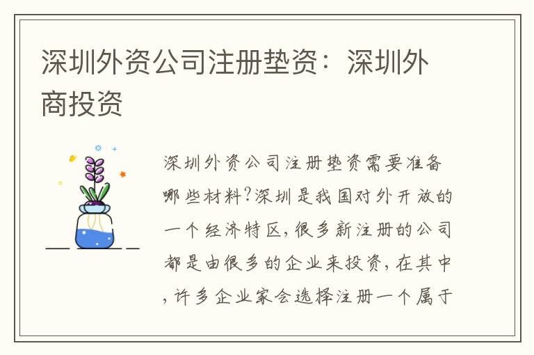深圳外資公司注冊墊資：深圳外商投資