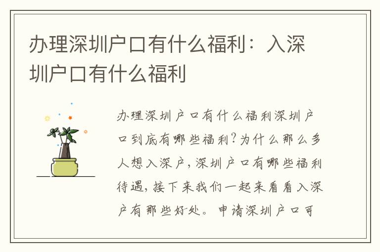 辦理深圳戶口有什么福利：入深圳戶口有什么福利