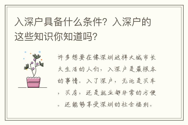 入深戶具備什么條件？入深戶的這些知識你知道嗎？
