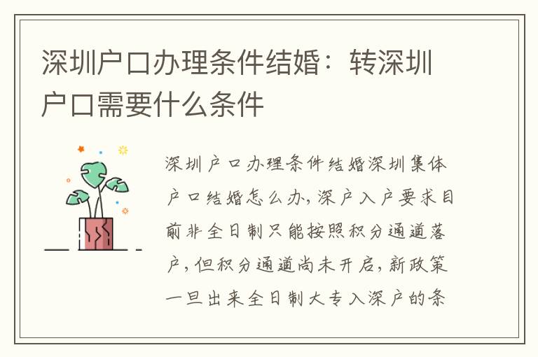 深圳戶口辦理?xiàng)l件結(jié)婚：轉(zhuǎn)深圳戶口需要什么條件