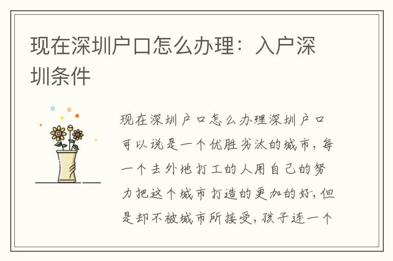 現(xiàn)在深圳戶口怎么辦理：入戶深圳條件