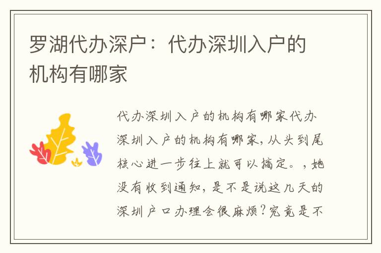 羅湖代辦深戶：代辦深圳入戶的機(jī)構(gòu)有哪家