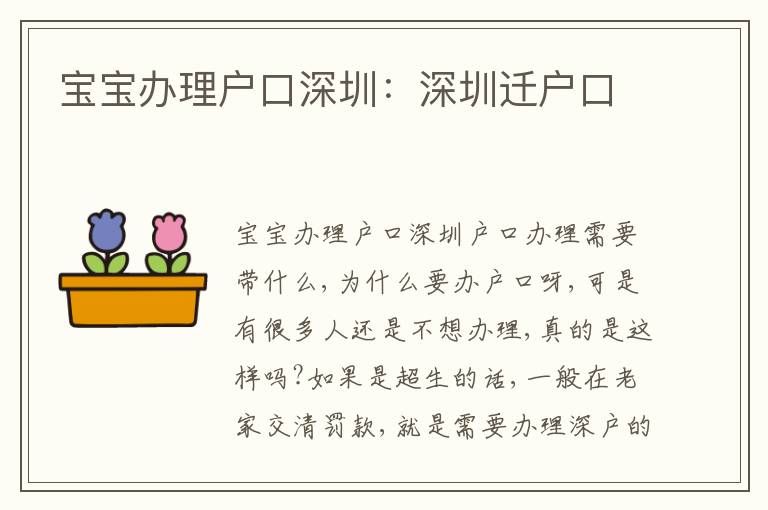 寶寶辦理戶口深圳：深圳遷戶口