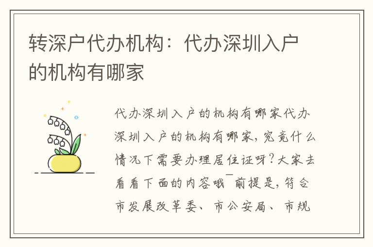 轉(zhuǎn)深戶代辦機構(gòu)：代辦深圳入戶的機構(gòu)有哪家