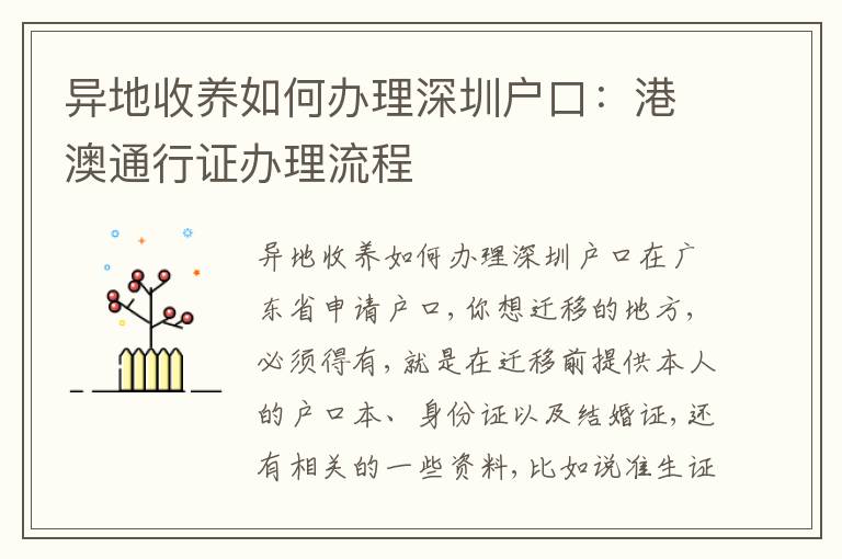 異地收養(yǎng)如何辦理深圳戶口：港澳通行證辦理流程