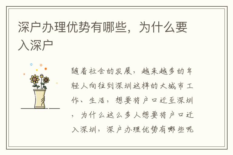 深戶辦理優(yōu)勢(shì)有哪些，為什么要入深戶