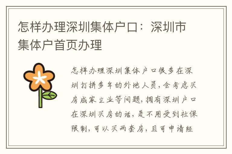 怎樣辦理深圳集體戶口：深圳市集體戶首頁辦理