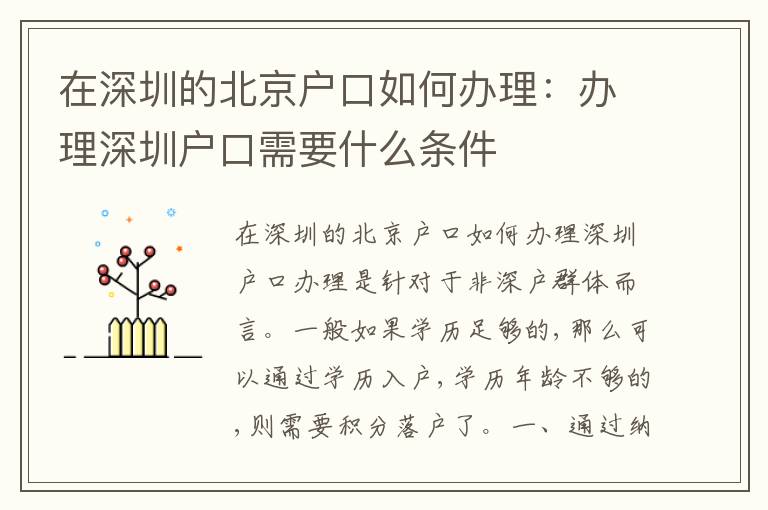 在深圳的北京戶口如何辦理：辦理深圳戶口需要什么條件