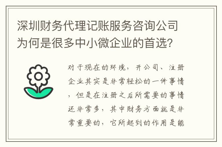 深圳財務代理記賬服務咨詢公司為何是很多中小微企業(yè)的首選？